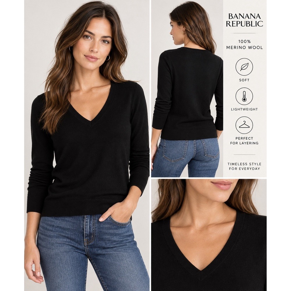 Banana Republic 100% Merino Wool Sweater Women M Black V Neck Pullover